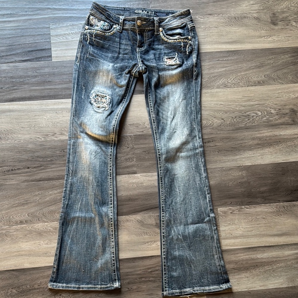 Grace in LA Flare Wide Leg Jeans with Distressed Details size 28